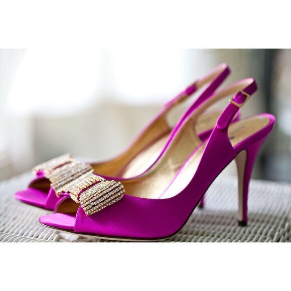 Kate Spade Crown Heels Fuchsia Suede w/ Crystal Bow Pink 8.5 B In Box/Bag $398 - Picture 2 of 12